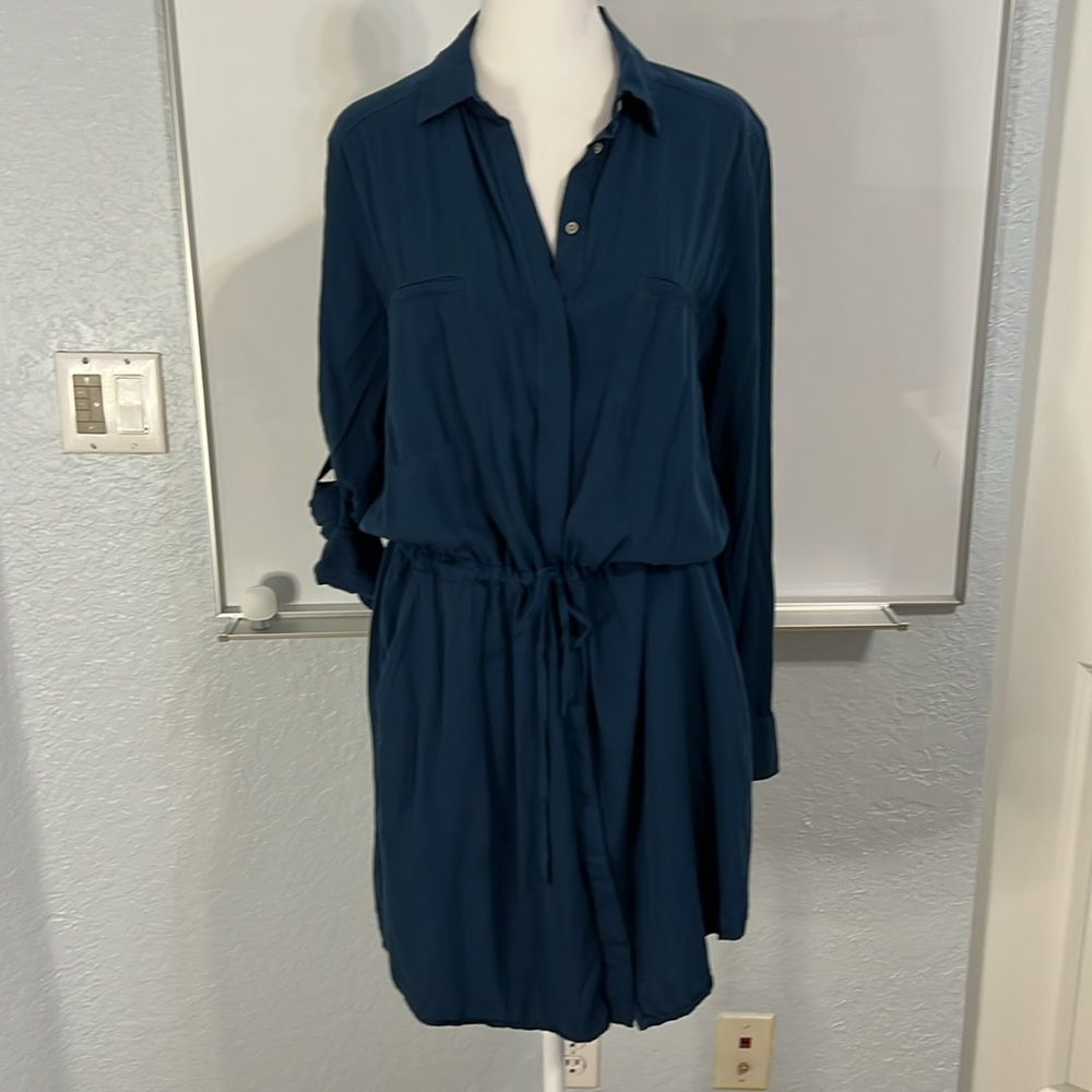 Lou & Grey Blue Shirt Dress Long Sleeve Cinch Waist Large with Pockets - Picture 8 of 8